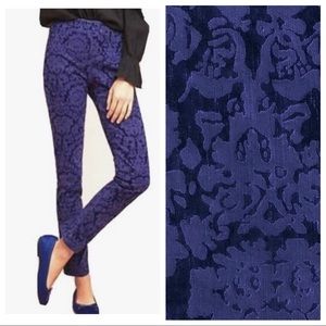 Anthropologie Essential Skinny cobalt blue purple brocade damask pants 10 ankle